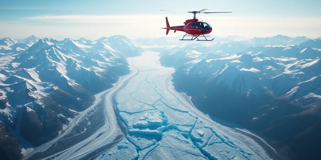 A helicopter flying over vast Alaskan mountains and glaciers.