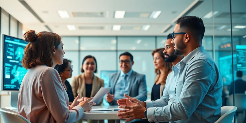 Group discussing AI integration in a modern office.