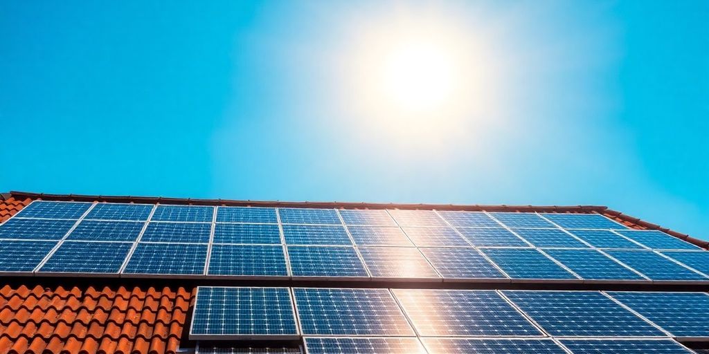 Rooftop solar panels under bright sunlight.