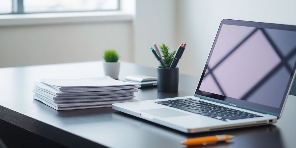 Professional, organized desk with office supplies and a laptop.