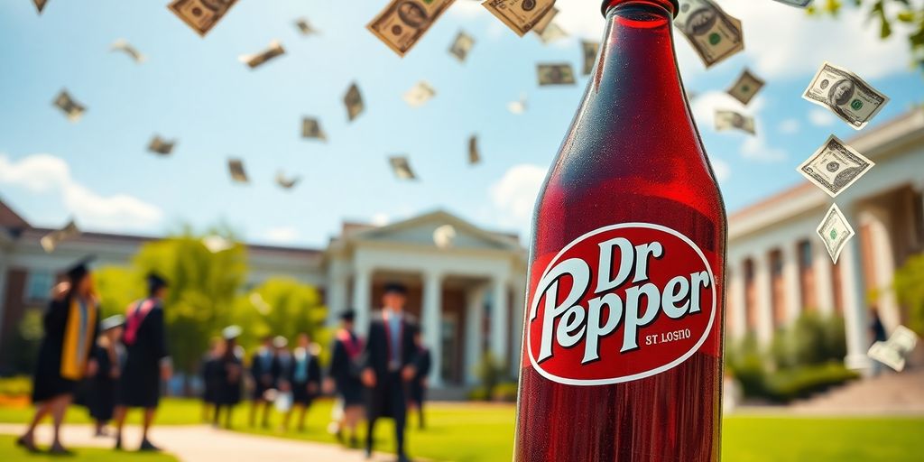 Sparkling Dr Pepper bottle, college campus, falling money.