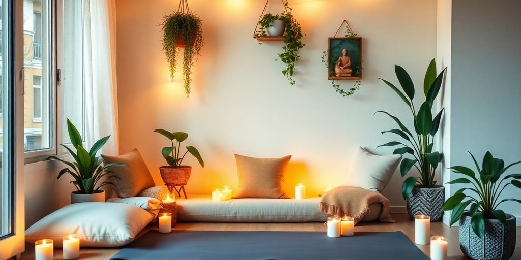 Rustige meditatiehoek met kussens en planten.