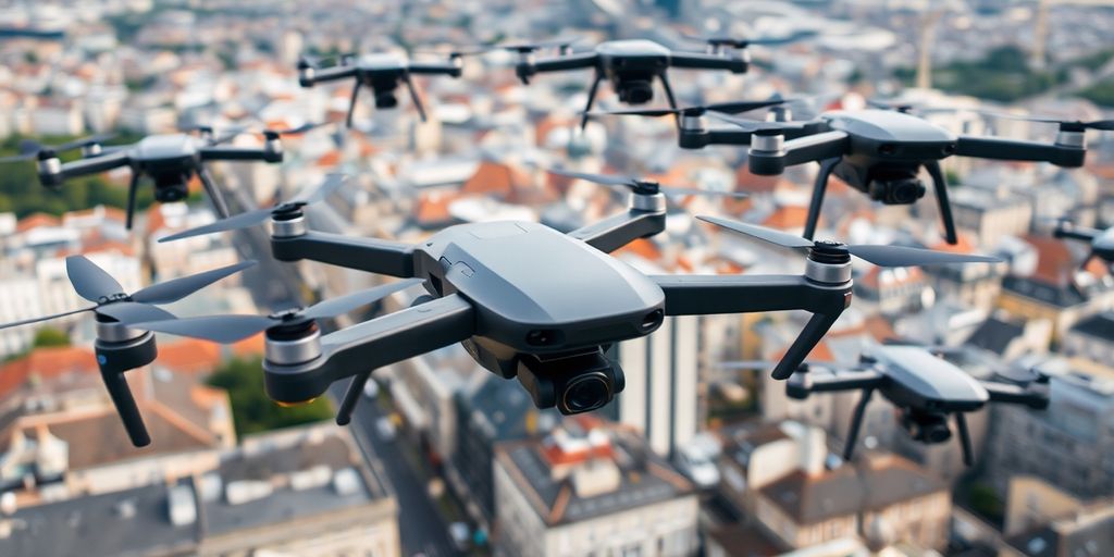 Vue aérienne de drones survolant une ville moderne.