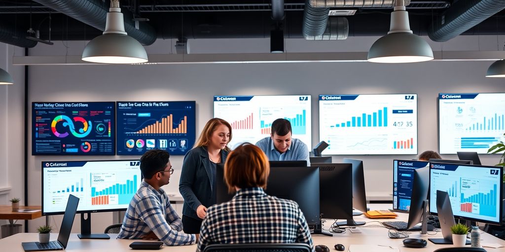 Profissionais de marketing digital colaborando no escritório