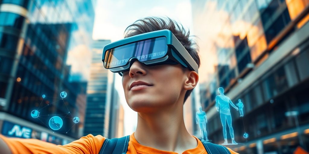 Person using augmented reality in a futuristic city.