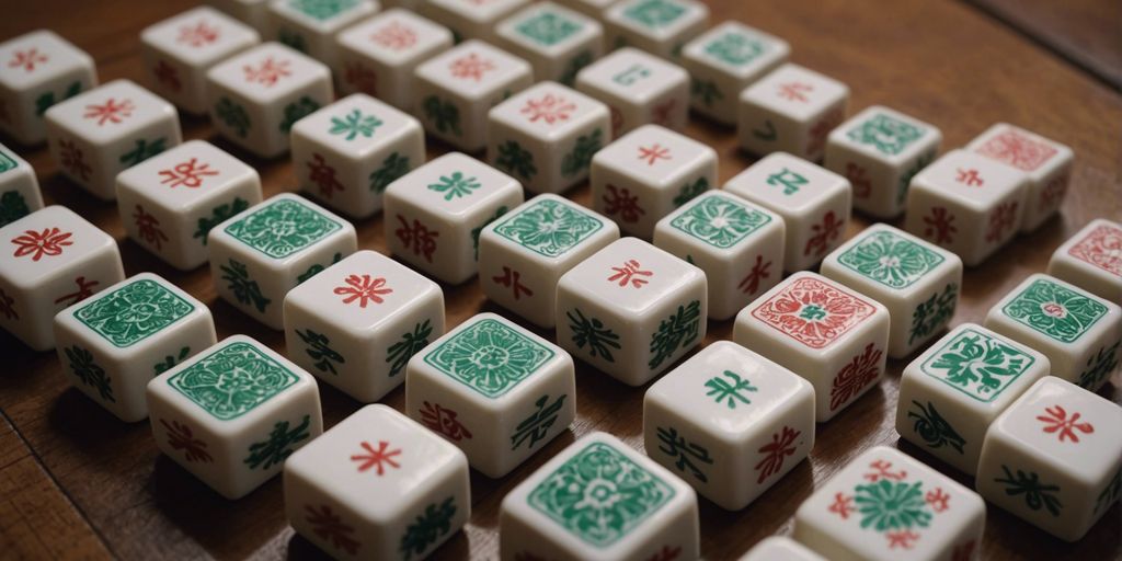 Close-up of authentic Mahjong tiles with intricate designs on a wooden table.