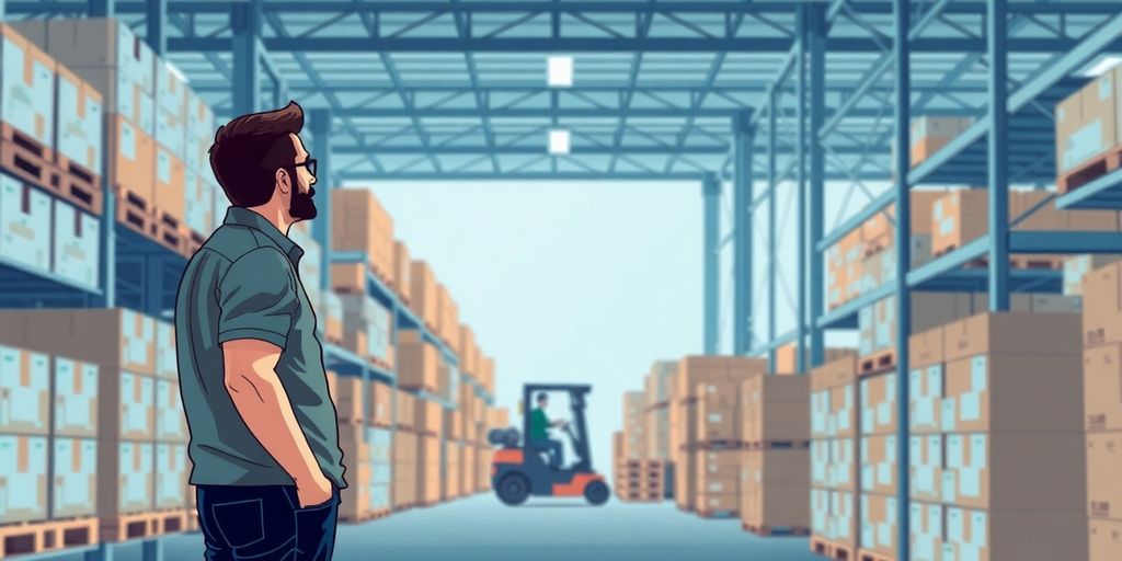 Man overseeing a busy warehouse with boxes