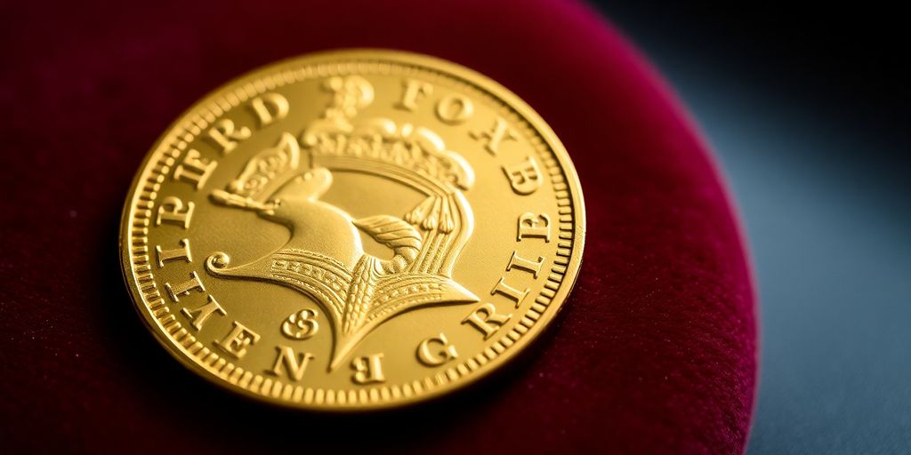 Pièce de Napoléon d'Or sur fond velours.