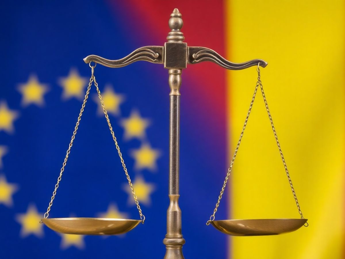 Scales of justice și steagul Uniunii Europene.