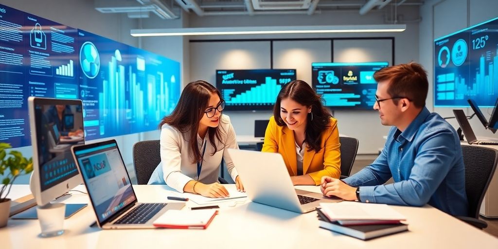 Profissionais de marketing digital em ambiente de escritório moderno.