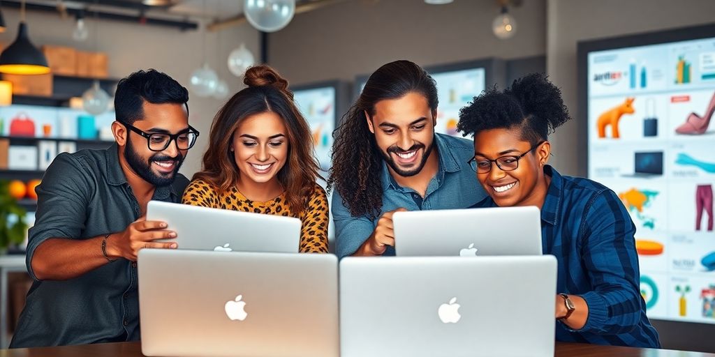 Diverse entrepreneurs collaborating on Amazon product research.