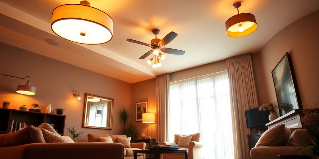Bright ceiling lights illuminating a modern living room