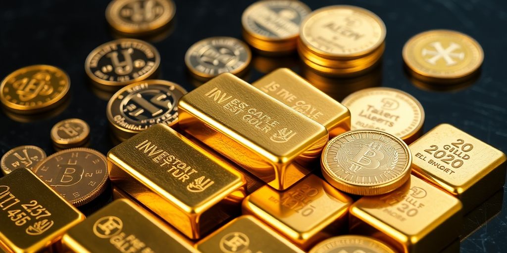 Des lingots et pièces d'or sur une surface sombre.