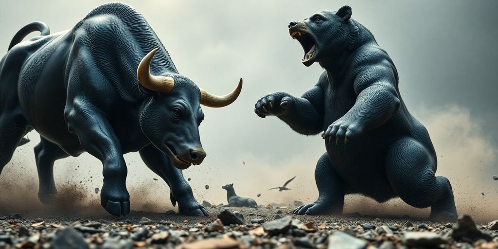 Bull and bear figures in dynamic market action.
