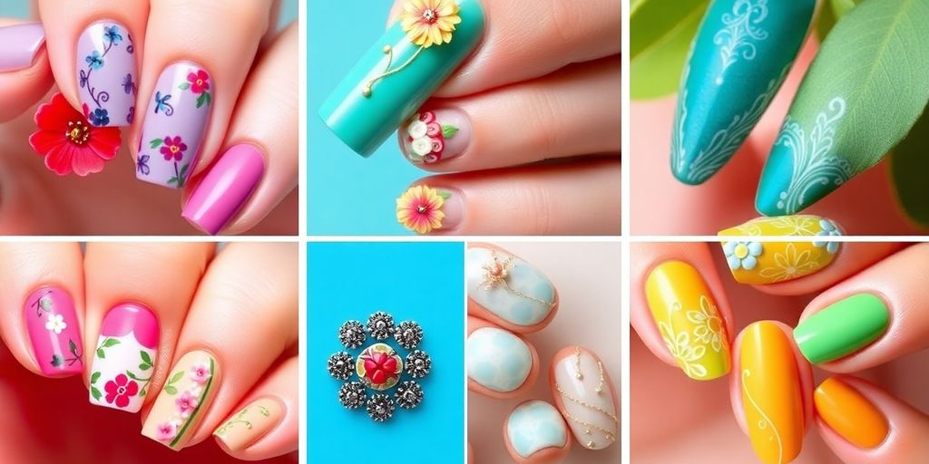 Colorful decorated nails with intricate designs and patterns.