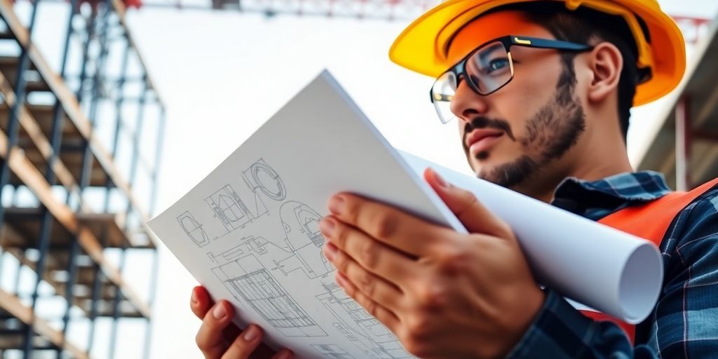 Construction worker with hard hat, blueprint