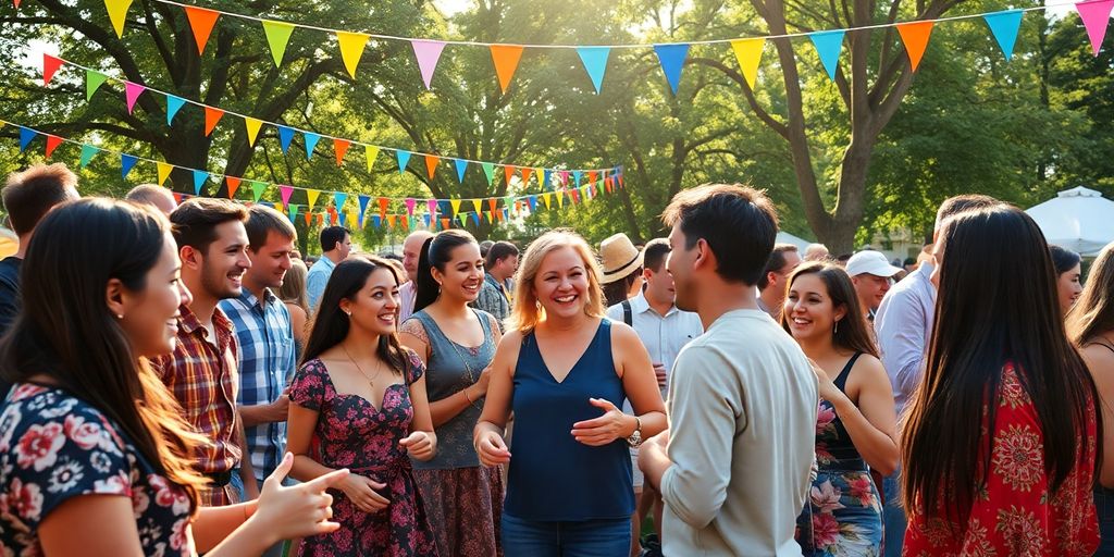 Diverse group of people socializing outdoors in a park.