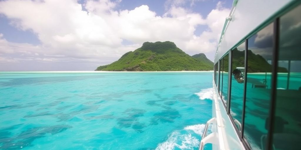 Aranui 5 cruise ship sailing in clear blue water near a coral atoll.