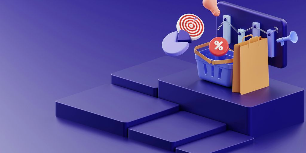 a purple background with a basket of items and a target