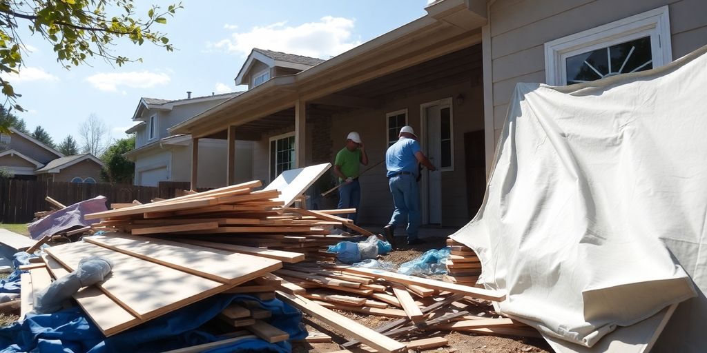 Construction workers clearing debris after home renovation.