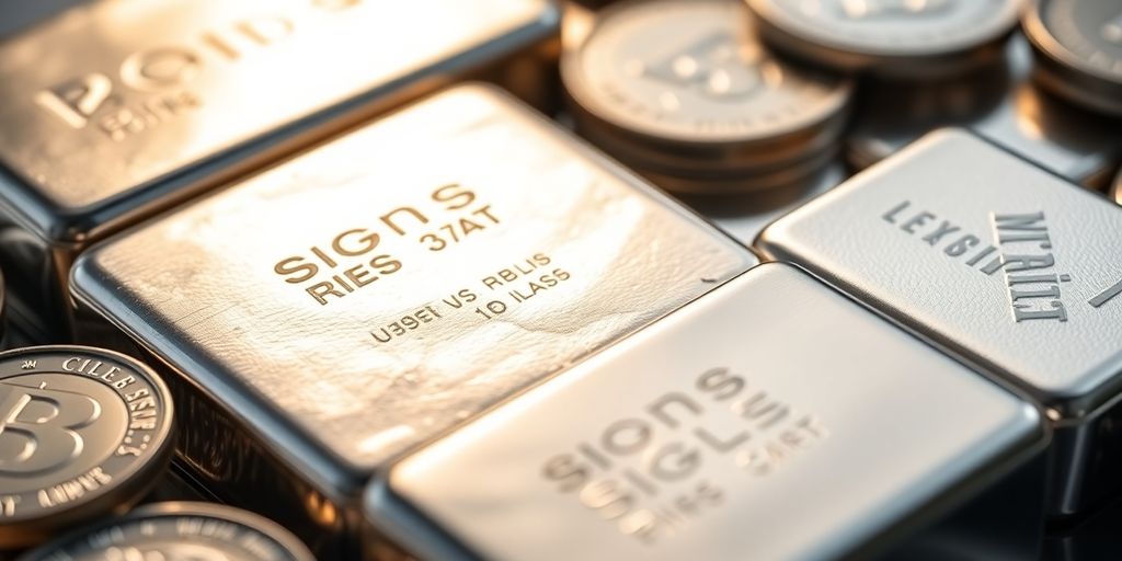 Lingots et pièces d'argent brillants sur fond neutre.