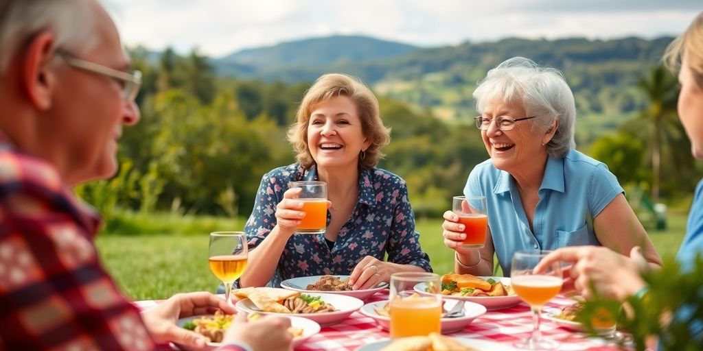 Happy retired woman enjoying a picnic with friends outdoors.