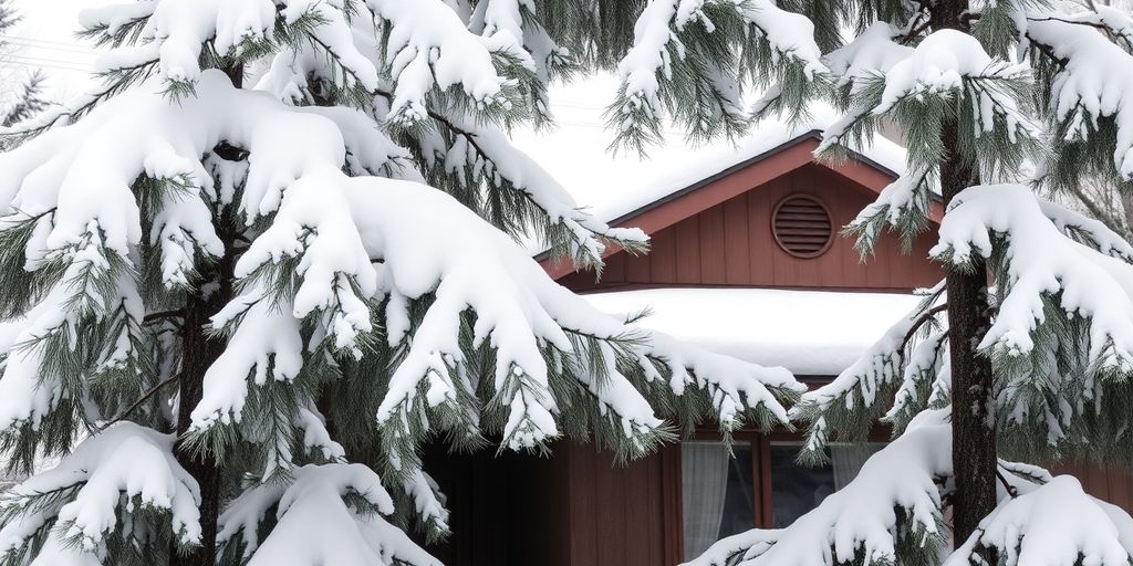 Heavy snow on evergreen tree branches over house