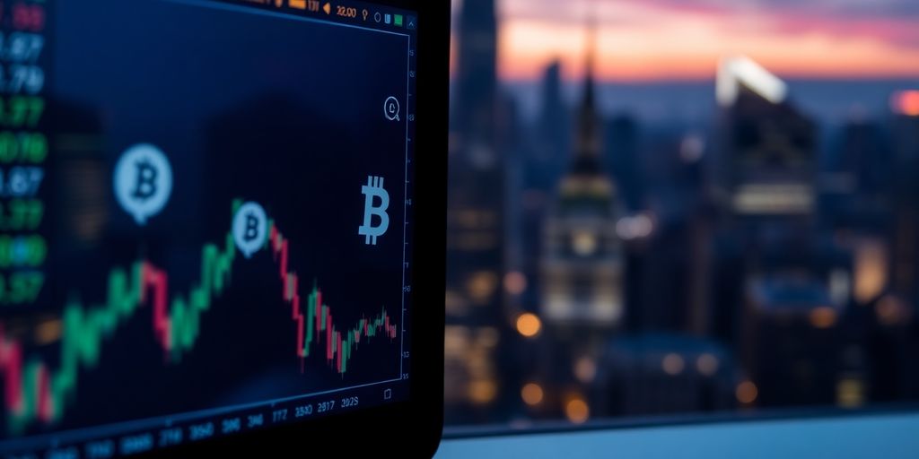 Digital device with cryptocurrency symbols against a city skyline.