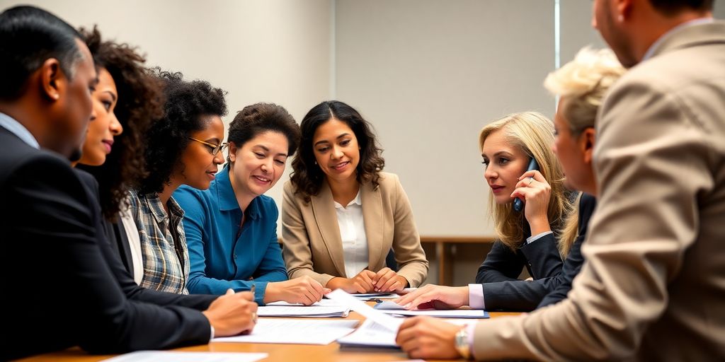 Diverse team discussing translation services in government setting.