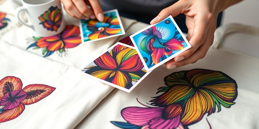 Artist's hands crafting merchandise from printable art.