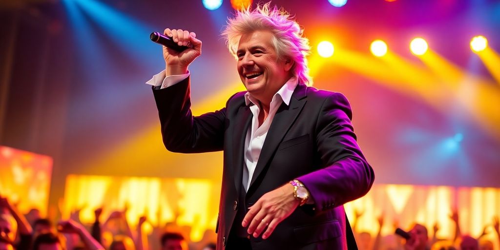 Rod Stewart performing live with dynamic stage lighting.