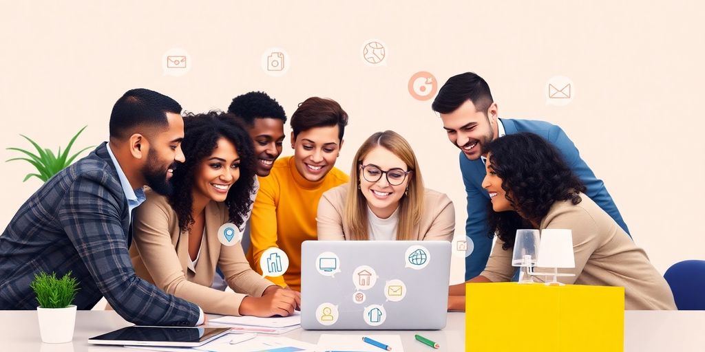 Diverse professionals collaborating on product listings and sales.