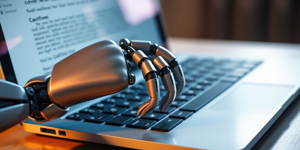 Robotic hand typing cover letter on laptop.