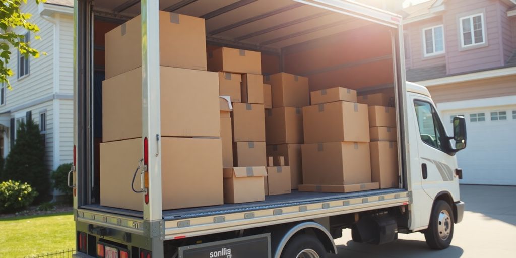 Camión de mudanzas cargando cajas en una casa.
