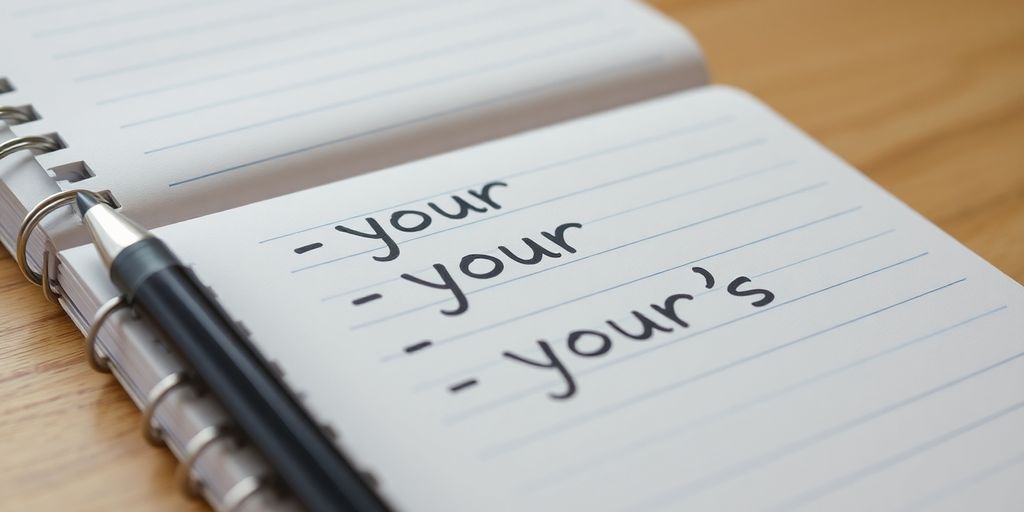 Notebook with grammar notes on 'your' and 'your's'.
