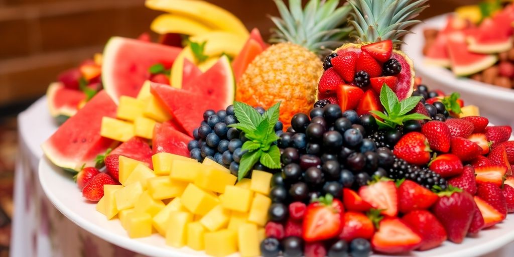 การจัดเบรคผลไม้สดสวยงามบนโต๊ะ