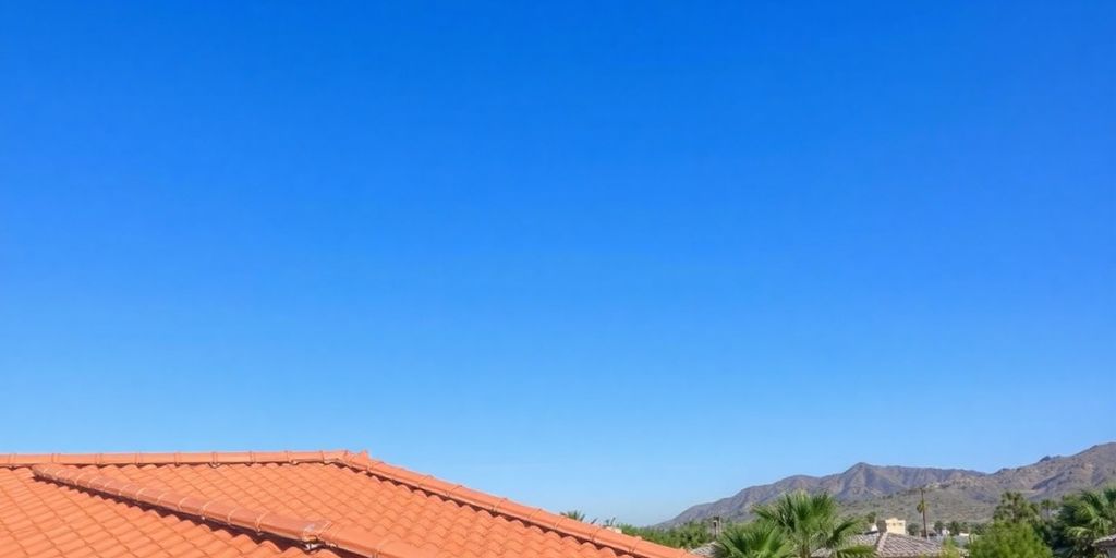 Rooftop view in Tucson, Arizona with clear blue sky.