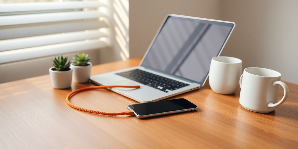 Minimalist desk with laptop, smartphone linked via orange cable, succulent