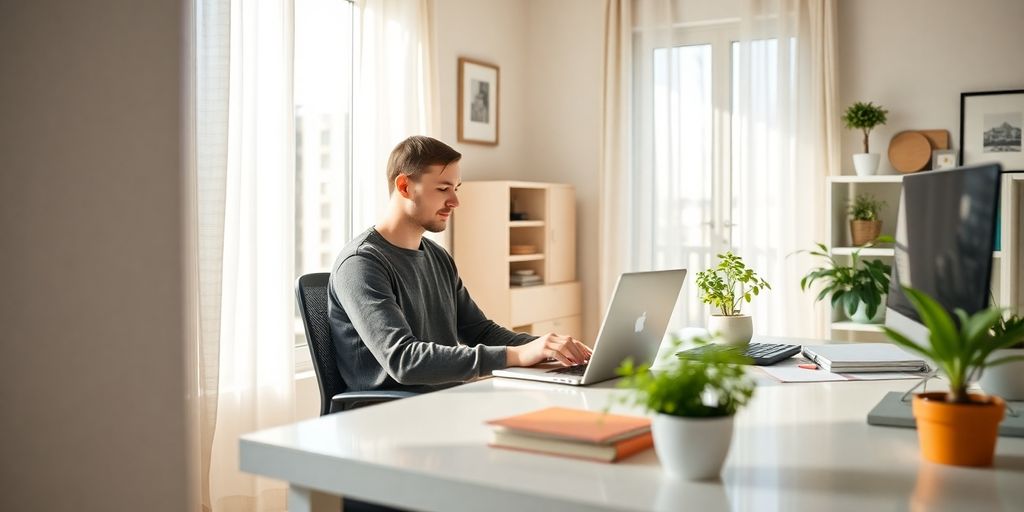 Entrepreneur working from home with laptop.