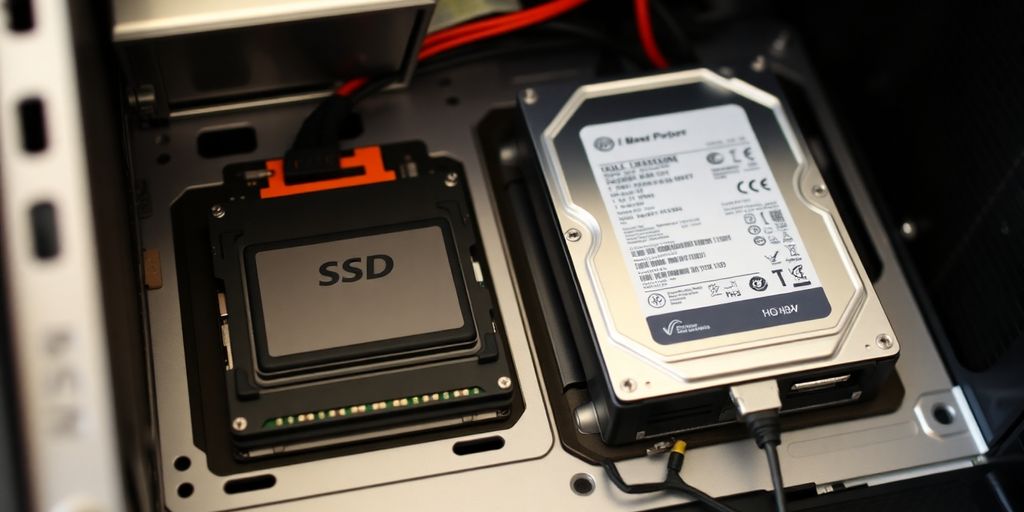 SSD e HD com cabos conectados