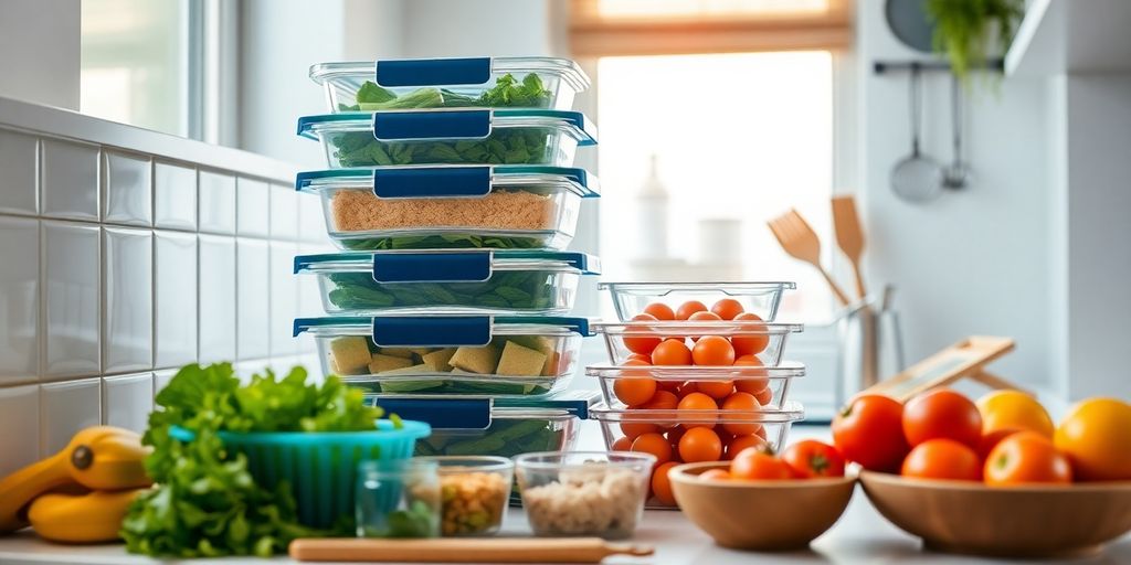 Organized small kitchen with neatly arranged meal prep containers.