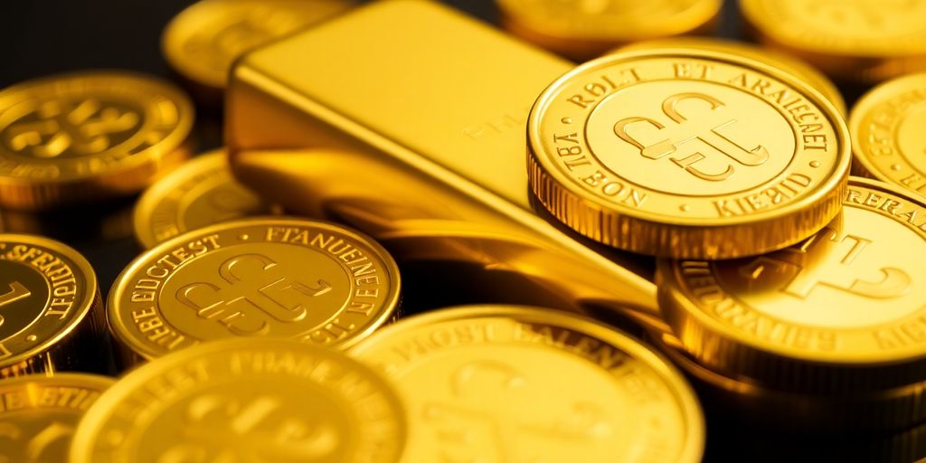 Pièces et lingots d'or brillants sur fond sombre.