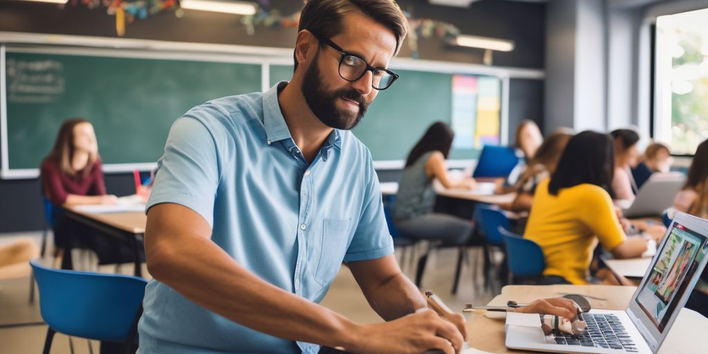 teacher using Canva on a computer in a modern classroom