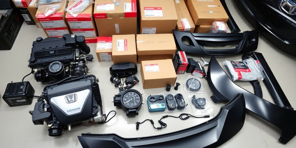 Honda car parts arranged neatly.