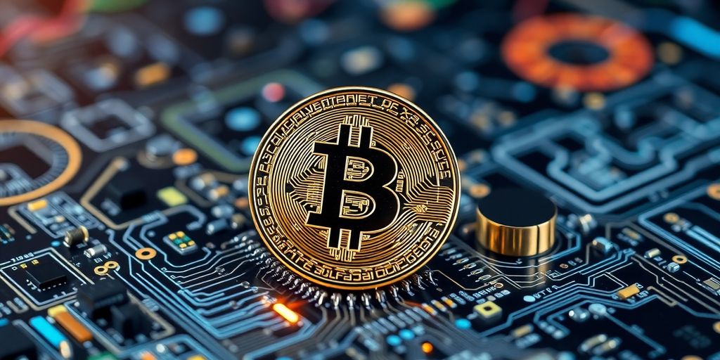 Best Bitcoin ETF of 2025, Your Can Save For This Year 3 Bitcoin coin on a circuit board representing cryptocurrency investment.
