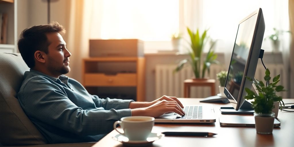 Person working on laptop, cozy home office.