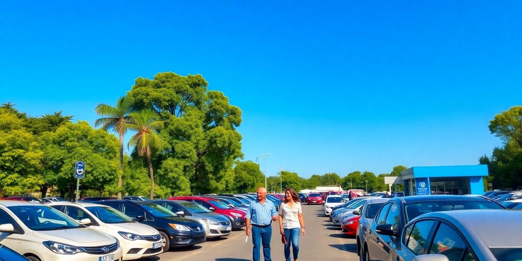 Colorful car rental lot with diverse vehicles and greenery.