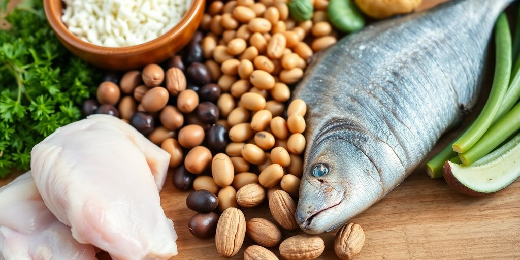 Variety of protein foods on a wooden surface.