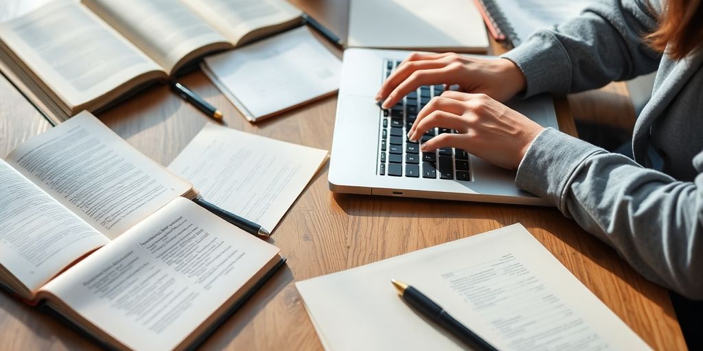 Person researching on laptop, surrounded by books.