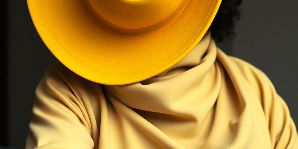 Stylish person layering clothes, yellow hat on head.